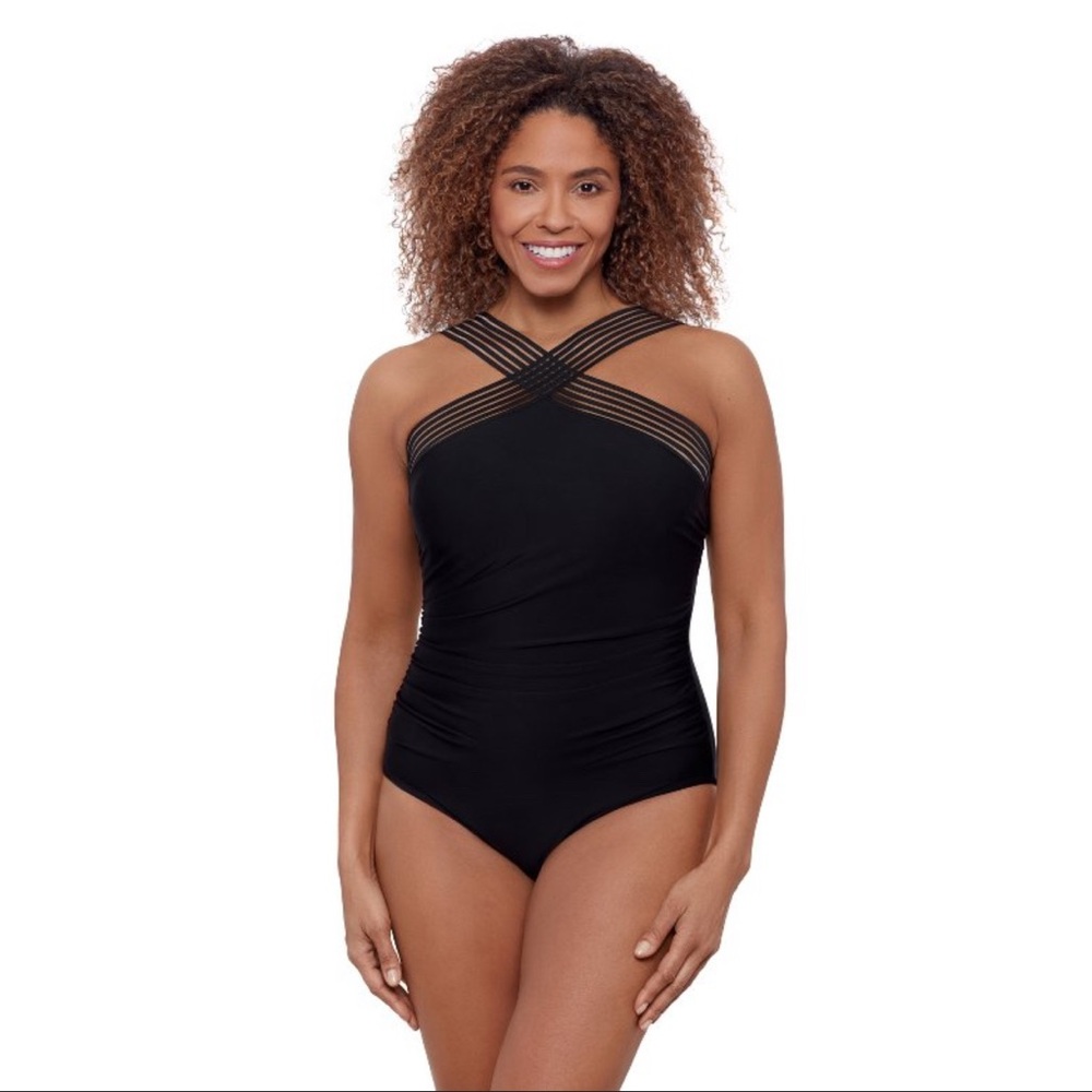 Aqua Green, Women's Novelty Trim High Neck One Piece, Black, X Large